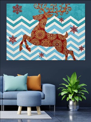 Karizma Tablo Yılbaşı Geyiği Desenli Çizim Dekoratif Kanvas - Mdf Ahşap Tablo