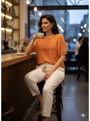 Kadın Papatya ve Yıldız Desenli File Detaylı Kısa Kol Keten Kombin (Bluz ve Pantolon)