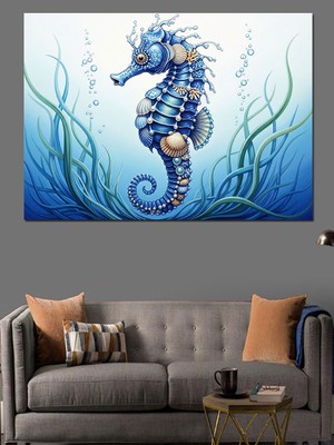 Karizma Tablo Mavi Deniz Atı Çizimi Dekoratif Kanvas - Mdf Ahşap Tablo