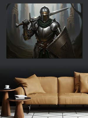 Karizma Tablo Zırhlı Ortaçağ Şövalyesi Çizimi Dekoratif Kanvas - Mdf Ahşap Tablo