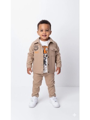 Bontino Erkek Çocuk Şapka Hediyeli Kaplan Baskılı 3’lü Kombin Takım - Ceket, Tişört ve Pantolon