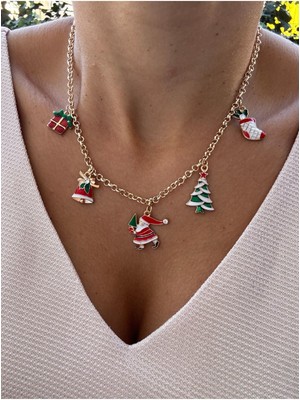 Hercy Özel Tasarım 5 Figürlü 14K Altın Kaplama Renk Atmaz Yılbaşı Kolye | Christmas Necklace