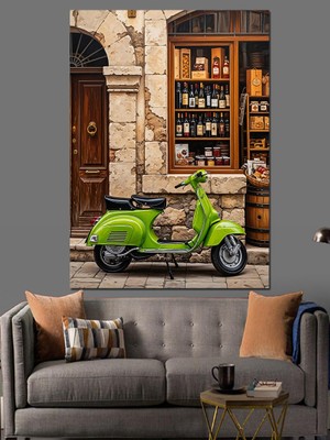 Karizma Tablo Yeşil Scooter Sokak Lambası Dekoratif Kanvas - Mdf Ahşap Tablo