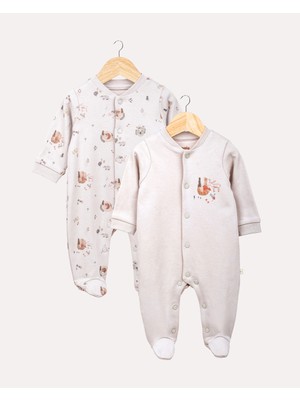 Hoogie 2'li %100 Organik Pamuk GOTS Sertifikalı Patikli Orman Desenli Bebek Tulum - Taş Rengi