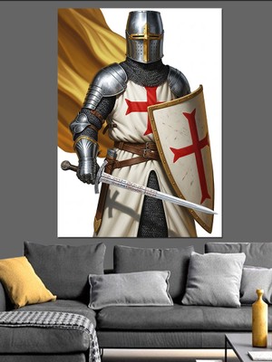 Karizma Tablo Haçlı Şövalye Kılıç Zırh Dekoratif Kanvas - Mdf Ahşap Tablo
