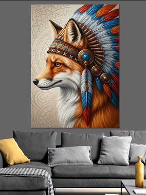 Karizma Tablo Kızılderili Başlıklı Tilki Portresi Dekoratif Kanvas - Mdf Ahşap Tablo