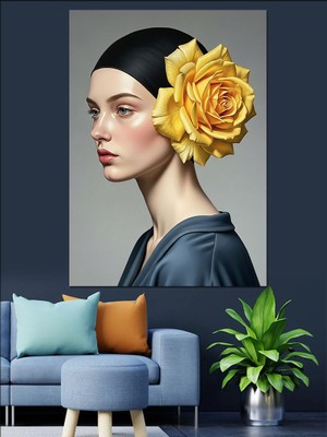 Karizma Tablo Sarı Güllü Kadın Portresi Dekoratif Kanvas - Mdf Ahşap Tablo