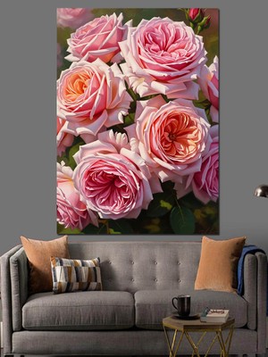 Karizma Tablo Vazoda Pembe Gül Buketi Dekoratif Kanvas - Mdf Ahşap Tablo