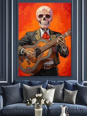 Karizma Tablo Gitar Çalan İskelet Mariachi Dekoratif Kanvas - Mdf Ahşap Tablo