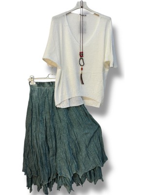 Kadın Pamuklu Astarlı Etek ve Kolyeli Merserize Bluz Kombin