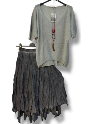 Agora Tekstil Kadın Gri Pamuklu Astarlı Etek ve Kolyeli Merserize Bluz Kombin Özel Olaylar İçin Şık Seçim