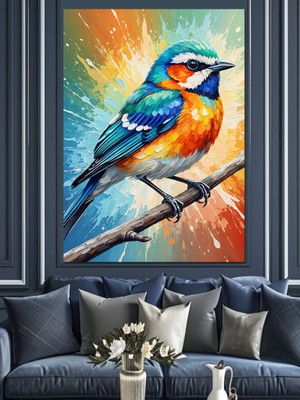 Karizma Tablo Renkli Kuş Dal Üstünde Dekoratif Kanvas - Mdf Ahşap Tablo