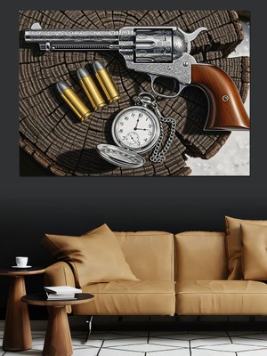 Karizma Tablo Altıpatlar Tabanca ve Saat Dekoratif Kanvas - Mdf Ahşap Tablo