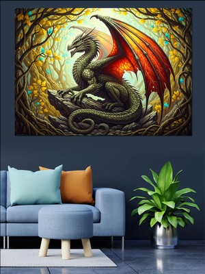 Karizma Tablo Yanan Ejderha Çerçeveli Tasarım Dekoratif Kanvas - Mdf Ahşap Tablo
