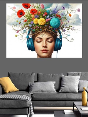 Karizma Tablo Çiçek Başlı Kadın Portresi Dekoratif Kanvas - Mdf Ahşap Tablo