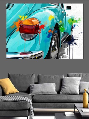 Karizma Tablo Mavi Vosvos Araba Çizimi Dekoratif Kanvas - Mdf Ahşap Tablo