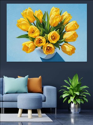 Karizma Tablo Sarı Lale Çiçek Buketi Dekoratif Kanvas - Mdf Ahşap Tablo