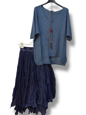 Kadın Pamuklu Astarlı Etek ve Kolyeli Merserize Bluz Kombin