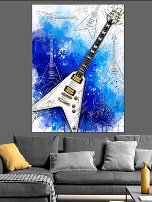 Karizma Tablo Fly Kasa Elektro Gitar ve Mavi Arka Fon Dekoratif Kanvas - Mdf Ahşap Tablo