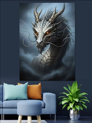 Karizma Tablo Gri Çin Ejderhası Başı Dekoratif Kanvas - Mdf Ahşap Tablo