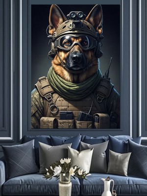 Karizma Tablo Askeri Teçhizatlı Köpek Asker Dekoratif Kanvas - Mdf Ahşap Tablo