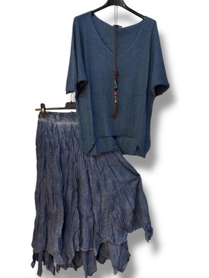 Kadın Pamuklu Astarlı Etek ve Kolyeli Merserize Bluz Kombin