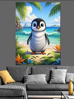 Karizma Tablo Sahilde Duran Sevimli Penguen Dekoratif Kanvas - Mdf Ahşap Tablo