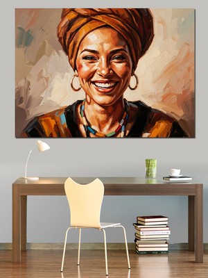 Karizma Tablo Gülümseyen Afrikalı Kadın Portresi Dekoratif Kanvas - Mdf Ahşap Tablo