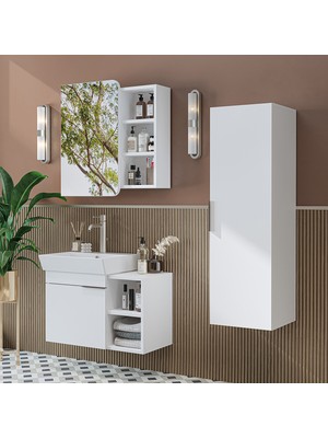 Roomart Likya Kapaklı ve Açık Raflı Mdflam Lavabolu 72 cm Banyo Alt Dolabı + Üst Dolabı + Banyo Boy Dolabı