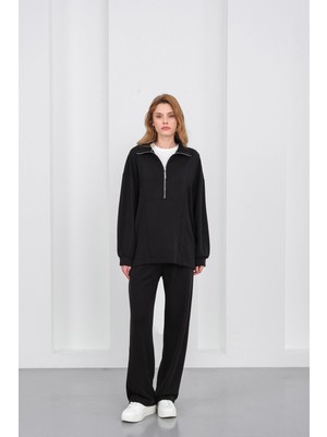 Siyah Kadın Premium Modal Kumaş Yarım Fermuarlı Oversize Alt-Üst Takım