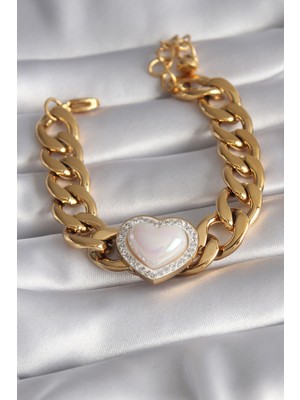 Marsilyan 316L Çelik Gold Renk Pembe 3D Kalp Model Zirkon Taşlı Kadın Bileklik