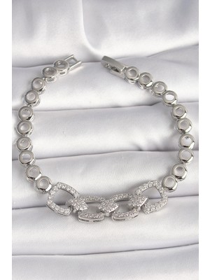 Marsilyan Pirinç Gümüş Renk Zirkon Taşlı Daire Zincir Model Kadın Bileklik