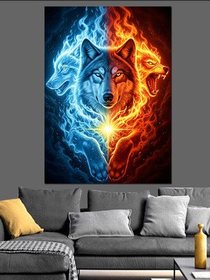 Karizma Tablo Ateş ve Buz Kurt Dekoratif Kanvas - Mdf Ahşap Tablo