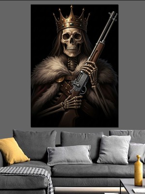 Karizma Tablo Silahlı İskelet Kral Tacı Dekoratif Kanvas - Mdf Ahşap Tablo