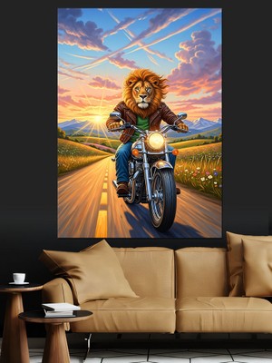 Karizma Tablo Motosiklet Süren Aslan Sürücü Dekoratif Kanvas - Mdf Ahşap Tablo