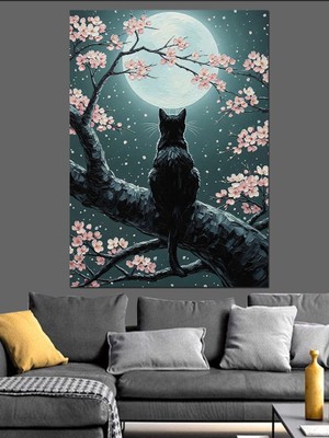 Karizma Tablo Dolunayda Kedi Silüeti Manzara Dekoratif Kanvas - Mdf Ahşap Tablo
