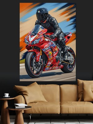Karizma Tablo Kırmızı Yarış Motosikleti Viraj Dekoratif Kanvas - Mdf Ahşap Tablo