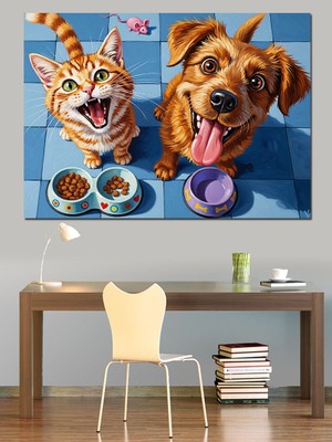 Karizma Tablo Gülümseyen Kedi ve Köpek Dekoratif Kanvas - Mdf Ahşap Tablo