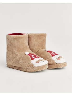 Chirpy NUEOVO Kadın Panduf Yılbaşı Temalı Krem Renk Konforlu Tekstil Ev İçin