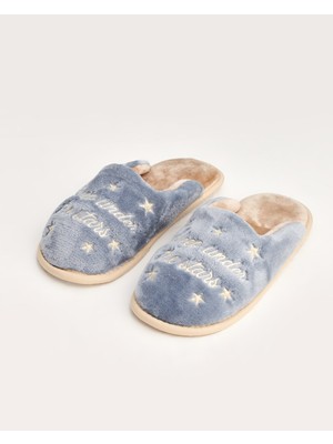 MORİ- Yazılı Mavi Kadın Ev Terliği