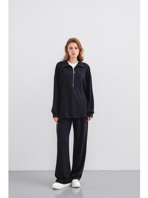 Koyu Lacivert Kadın Premium Modal Kumaş Yarım Fermuarlı Oversize Alt-Üst Takım