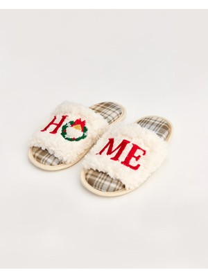 HEU - Home Yazılı Pötikare Desenli Kadın Ev Terliği