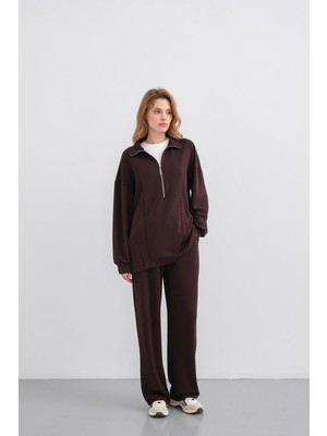 Kahve Kadın Premium Modal Kumaş Yarım Fermuarlı Oversize Alt-Üst Takım