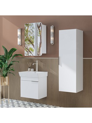 Roomart Likya Kapaklı Lavabolu 50 cm Banyo Alt Dolabı + Üst Dolabı + Banyo Boy Dolabı