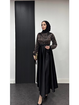 Tesettür Diyarı Kadın Mihret Üstü Boncuk Işleme Abiye-Siyah