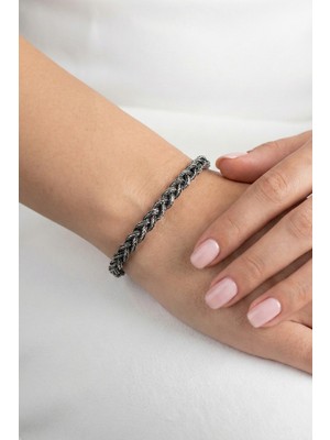 Söğütlü Silver 925 Ayar Gümüş Bileklik Oksitli Tilki Kuyruğu El Işi Örgü Bileklik SGTL13217SIYAH