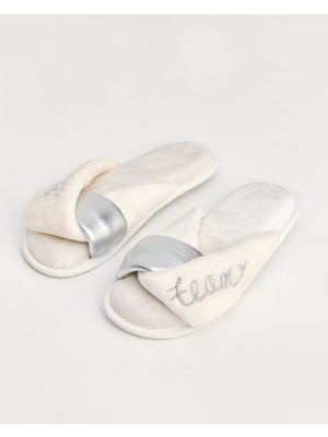 Bride Team - Yazılı Beyaz Kadın Terlik