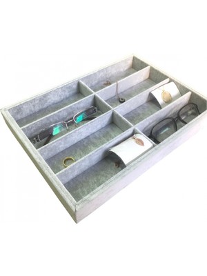 Özer Kutu Gözlük Kolye Ucu Küpe Yüzük Servis Tablası Gri Süet (8 Bölmeli) 25X35 cm