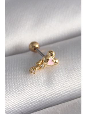 Marsilyan 316L Çelik Gold Renk Zirkon Taş Detay Pembe Kalp Işleme Tragus Piercing