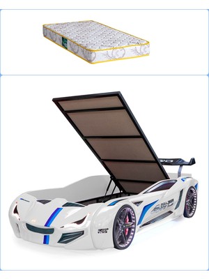 Setay Arabalı Yatak, Mercedes Full Ledli Rüzgarlıklı Bazalı Arabalı Yatak - Beyaz + 1 Adet Comfort Yatak
